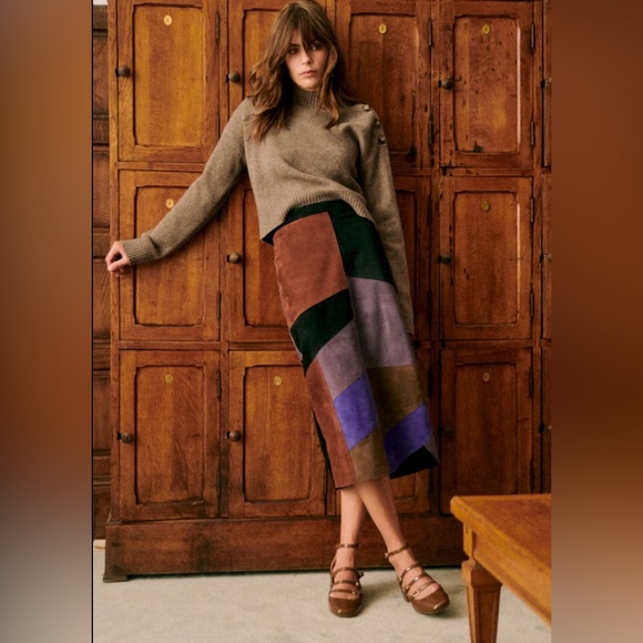 Sezane Dresses & Skirts - Sezane Colorblock Suede Midi Skirt in Brown, Green, Purple
